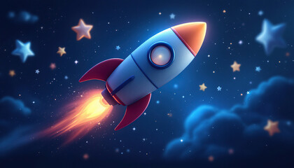 A cartoon rocket ship flying through the starry night sky