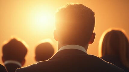 Sunset gathering of professionals urban setting silhouetted perspective reflective moments