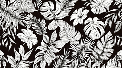 Monochrome tropical leaves seamless pattern, botanical illustration, dark background, textile design