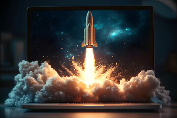 Fototapeta premium Launching Space Rocket From Laptop Screen. Generative AI