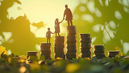 Family climbing coins, financial success, nature background, sunrise