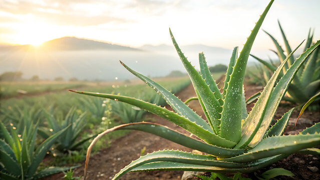 A medium shot of a plantation field with multiple aloe vera plants