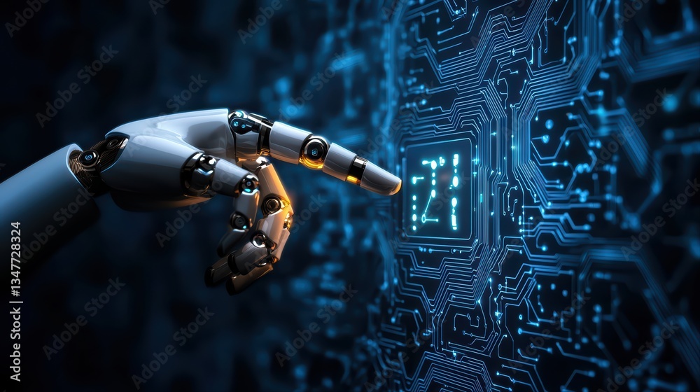Poster concept of ai technology with a robotic hand interacting with a circuit board display