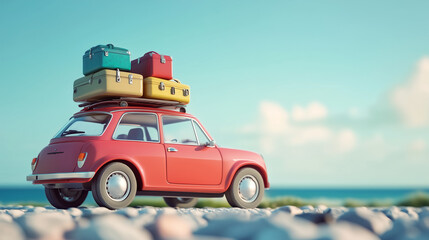 The 3D illustration showcased a car fully loaded with suitcases and travel gear, its polished surface reflecting the anticipation of a summer getaway.