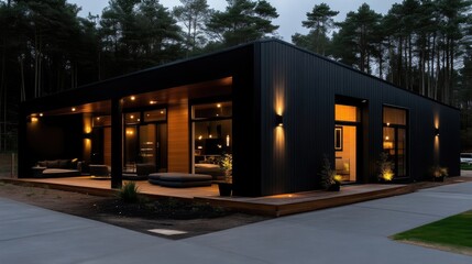 Obraz premium Modern, dark-exterior home nestled in a wooded area. Spacious, contemporary design with outdoor living space