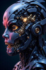 Fototapeta premium a futuristic, mechanical humanoid figure with a detailed, intricate design, featuring exposed mechanical components and glowing elements. The figure has a metallic, cybernetic appear