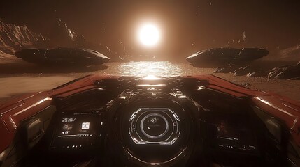 A spaceship cockpit overlooking a landscape with other vessels nearby