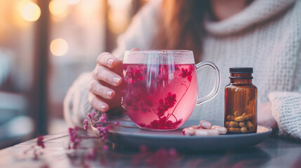 Fototapeta premium Mature woman with cup of tea, and bottle of supplements. Early Menopause Prevention. Restore Balance, Support Hormones with Nutrition, Wellness, Smart Lifestyle Choices
