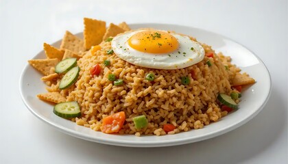 Delicious Fried Rice Topped with Egg and Crackers on White Plate