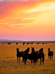 wild horses gallop with beautiful manes 