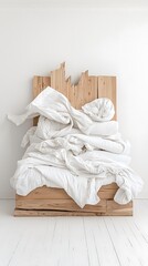 Messy white bed linens on wooden platform bed