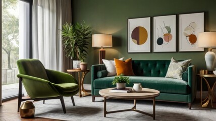 Cozy Modern Living Room with Vibrant Green Accents and Natural Light