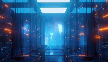 Futuristic server room interior, glowing network,  cyberpunk aesthetic