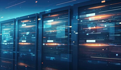 Futuristic server room with data processing, night