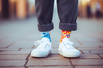 Legs with different pair of socks and white sneakers standing in the street outdoors. Kid foots in mismatched socks. Odd Socks day, Anti-Bullying Week, Down syndrome awareness concept