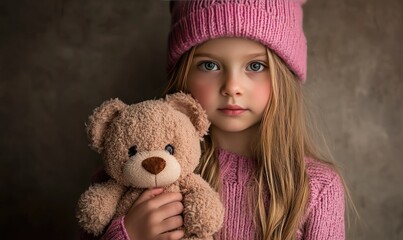 Girl in Pink Knitted Hat Holds Teddy Bear