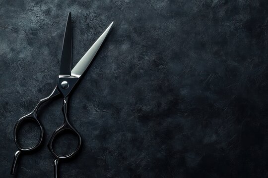 Hair cutting shears on dark stone.  Beauty salon tools