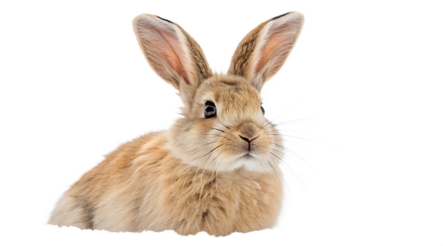 Close up portrait of a tan rabbit with ears up on a black background