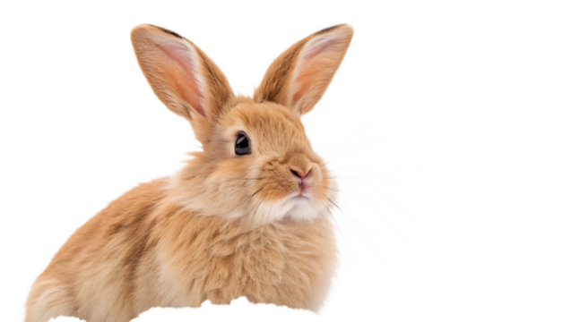 A close up of a light brown rabbit against a solid black background