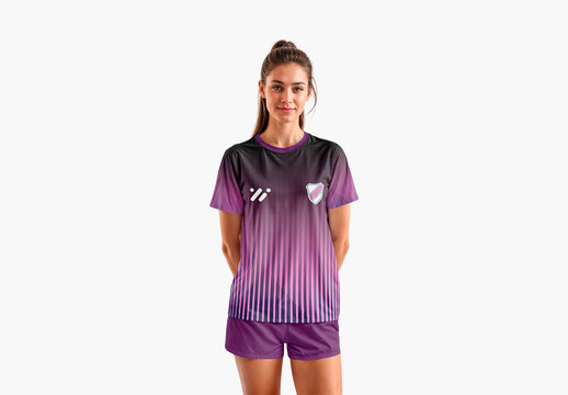 Woman Wearing Soccer T-shirt and Shorts Mockup