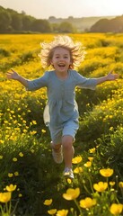 Fototapeta premium Girl Running Through Meadow with Yellow Flowers on Sunny Day