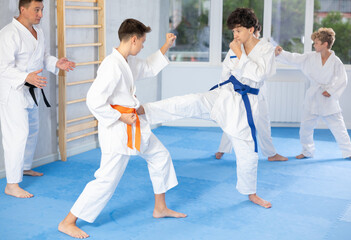 Willing junior attendee of karate classes fighting with his opponent in sports hall