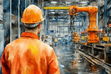 Worker observes robotic arms in large manufacturing plant setting