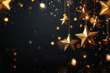 Hanging gold stars, glitter and bokeh on dark background. Great for festive holiday, New Year, or Christmas designs.