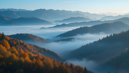 Fototapeta premium Majestic Fall Landscape with Misty Mountains – Perfect for Autumn, Nature, and Seasonal Campaigns - This image is ideal for use in nature photography, travel promotions, or any content product.