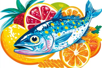 Obraz premium Fish, vegetables, and fruits are arranged in a paper bag on a white background to illustrate the idea of purchasing healthy food from a supermarket