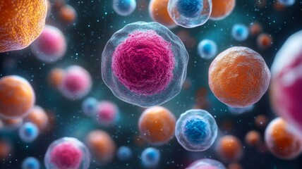 Microscopic View Of Colorful Cells In A Dark Background
