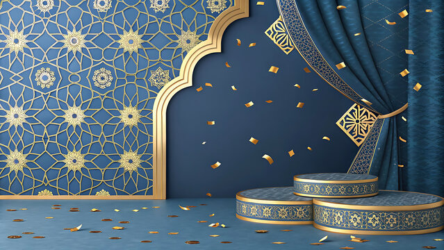 3d blue islamic stage podium cylinder with golden in dark or night theme for ramadan or islamic festivity 3d render, design