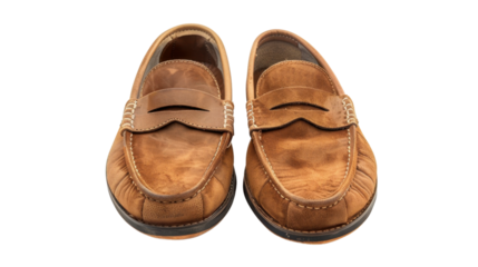 Pair of brown leather penny loafers isolated on transparent background