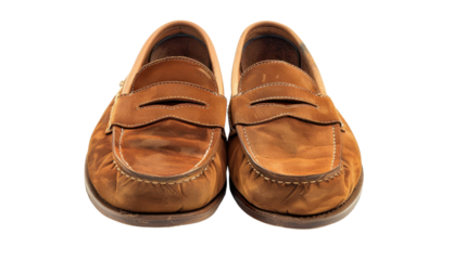 Pair of brown penny loafers isolated on transparent background