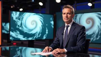Obraz premium News Anchor Reporting on Approaching Hurricane in TV Studio