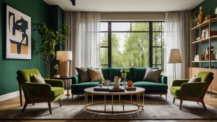 Cozy Modern Living Room with Vibrant Green Accents and Natural Light