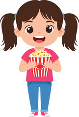 Happy girl with pigtails holding popcorn in striped container, wearing casual clothes, flat vector illustration