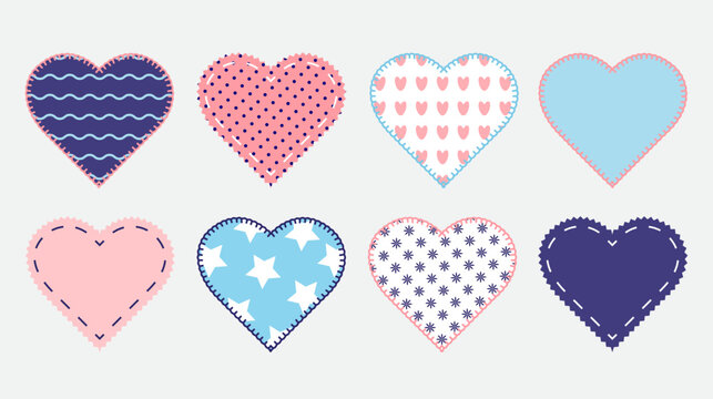 Vector clip art of colorful textile hearts with patterns