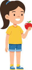 Fototapeta premium Cheerful young girl with long brown hair wearing a yellow shirt and blue shorts holding a red apple in a minimal vector illustration