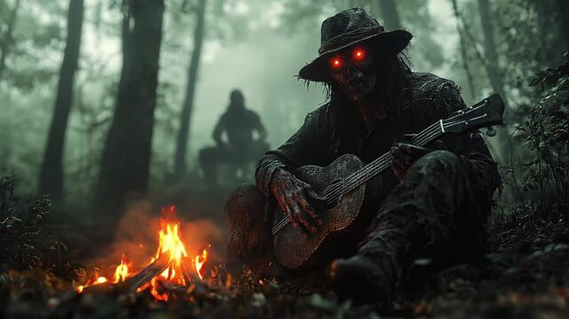 A demonic Appalachian hillbilly standing near a crackling bonfire in the middle of a dark, misty forest at midnight, holding an old, cursed banjo