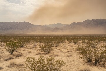 Fototapeta premium Desert Dust Storm, Mountain Background, Dry Landscape, Haze in Distance