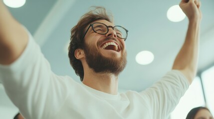 Celebration of joyful achievement office space photo bright environment enthusiastic viewpoint