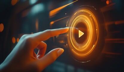 Hand pressing play button, futuristic interface, tech background, digital media
