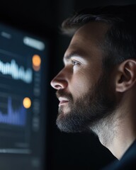 Data analysis session with a focused professional in a dark office environment profile view technology concept