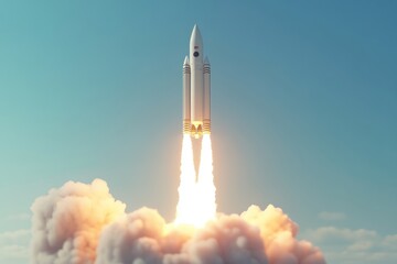 Naklejka premium Rocket launch event at spaceport dramatic action scene clear sky futuristic technology perspective