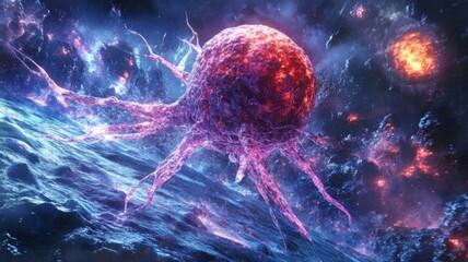 Fiery Cancer Cell Exploding Across Cosmic Ocean