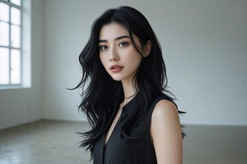 Elegant Young Woman with Black Hair Posing in a Minimalist Indoor Studio