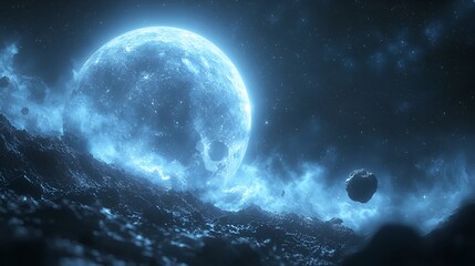 Obraz premium Frozen Moon, Asteroid Field, Space