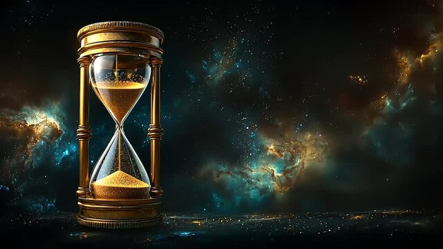 A classic hourglass against a starry cosmic backdrop symbolizes the passage of time and space.