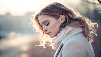 Fototapeta premium confident mature woman smiling outdoors, enjoying sunlight with natural beauty and long flowing hair, healthy skin